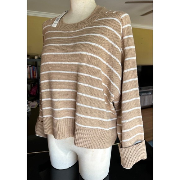 NEW Tahari Tan & White Saddle Stripe Cropped Boxy Crewneck Sweater Wide Cuff - Picture 5 of 12